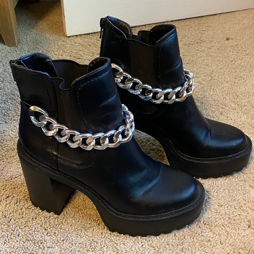 Madden Girl Black Chunky Heel Ankle Boots with Silver Chain